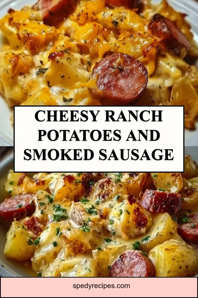 Delicious cheesy ranch potatoes with smoked sausage in a baked dish.