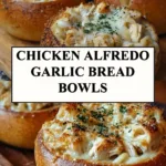 Chicken Alfredo Garlic Bread Bowls with creamy sauce and herbs