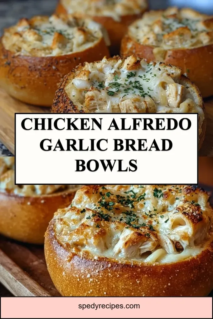 Chicken Alfredo Garlic Bread Bowls Chicken Alfredo Garlic Bread Bowls with creamy sauce and herbs
