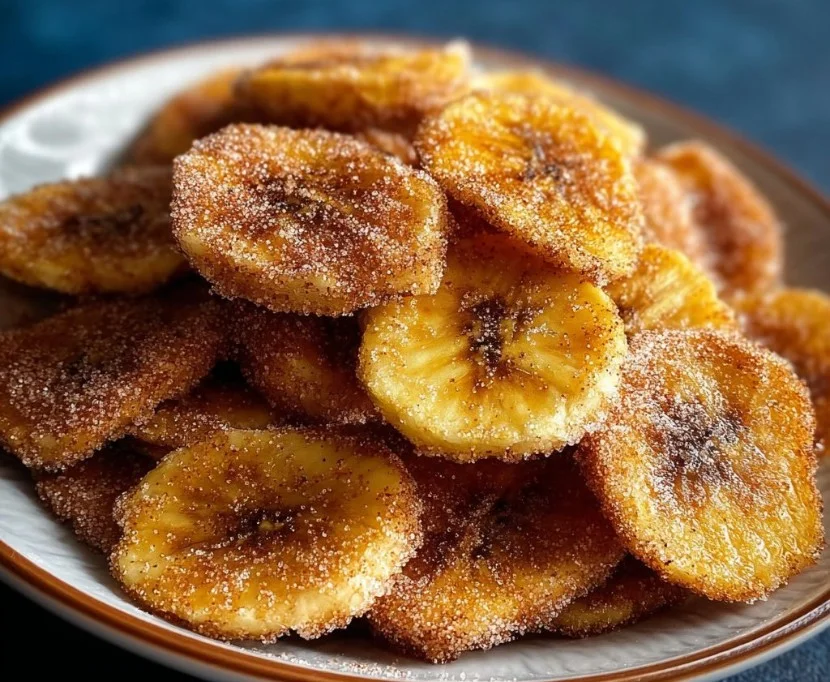 Delicious cinnamon-sugar air fryer banana chips on a plate
