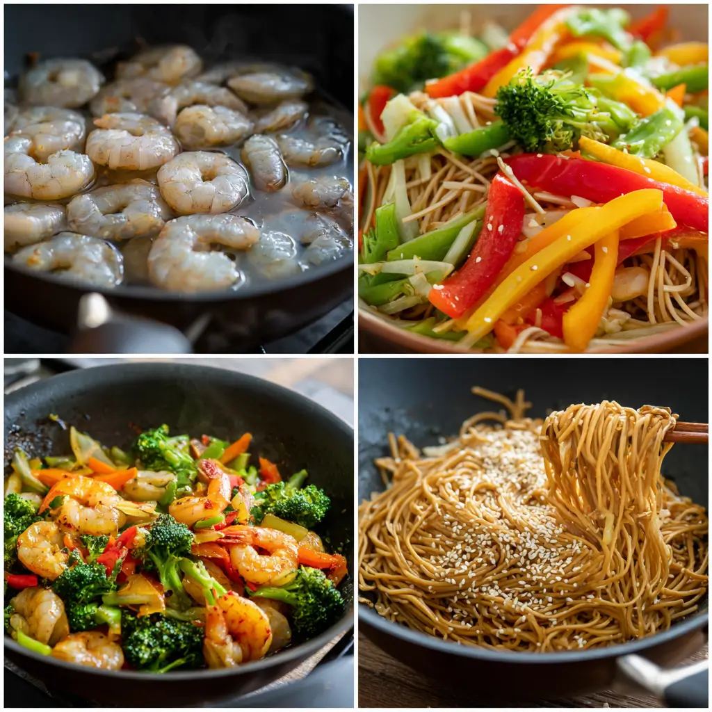 Collage 1 Raw Shrimp And Veggies 2 Noodles