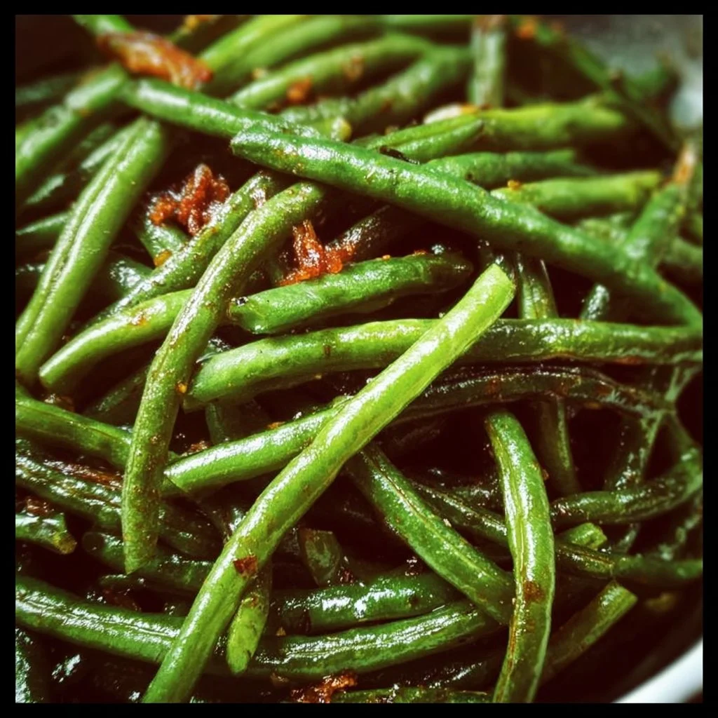 Plate of flavorful Crack Green Beans garnished with herbs