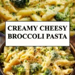 A bowl of creamy cheesy broccoli pasta garnished with fresh herbs.
