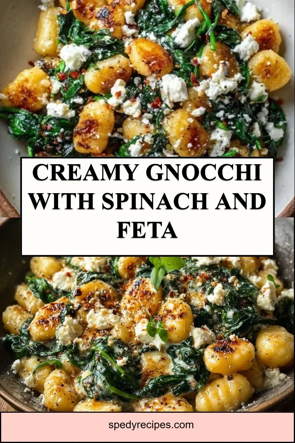 Creamy gnocchi with spinach and feta on a white plate