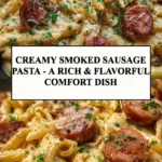 Creamy smoked sausage pasta dish garnished with herbs and spices