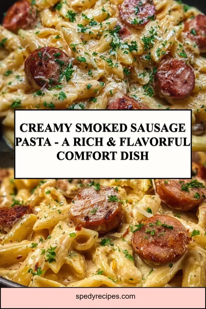 Creamy Smoked Sausage Pasta – A Rich & Flavorful Comfort Dish Creamy smoked sausage pasta dish garnished with herbs and spices