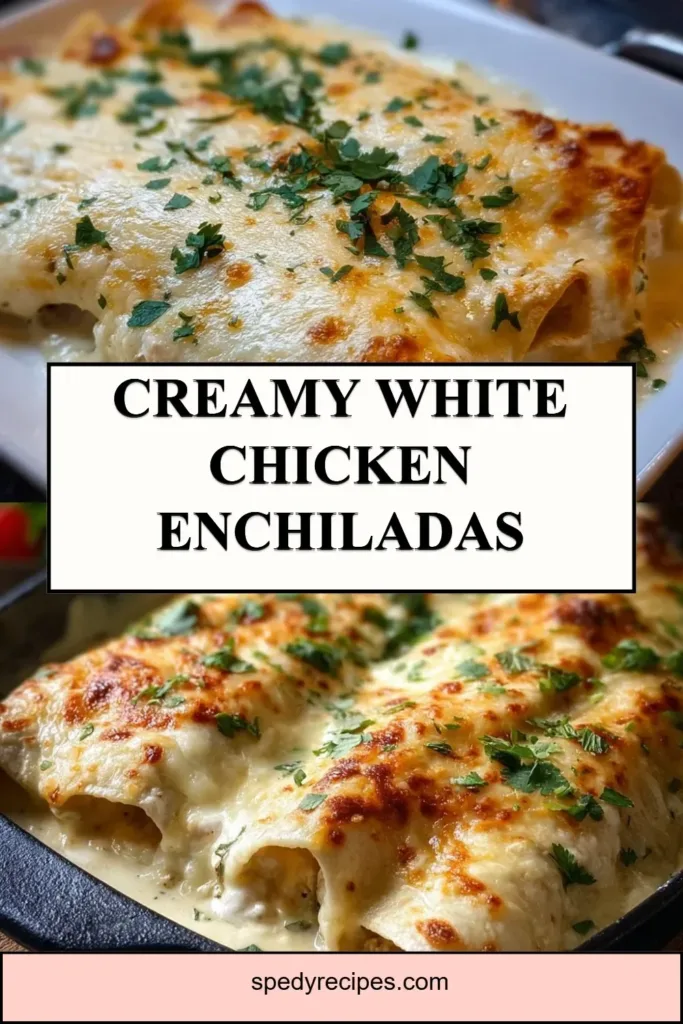 Creamy White Chicken Enchiladas Creamy white chicken enchiladas served on a plate with toppings