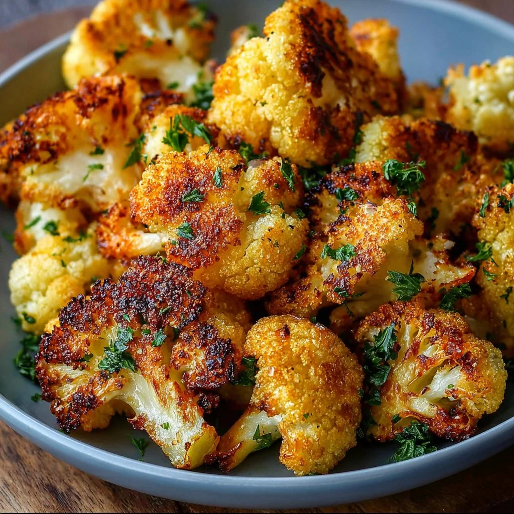 Crispy oven roasted cauliflower on a plate with seasonings