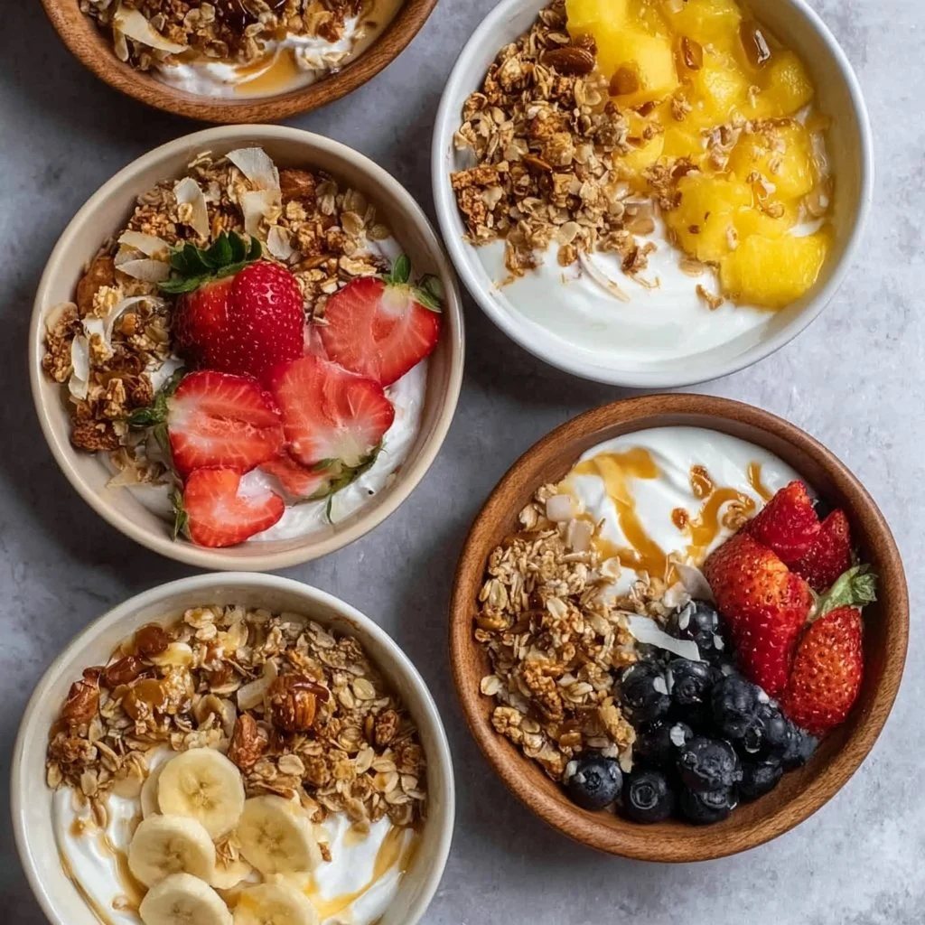Delicious yogurt granola bowls with fresh fruit and nuts