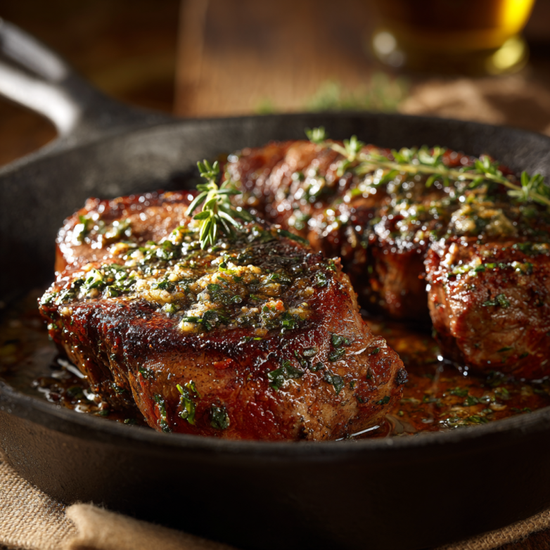 Featured Shot Of Garlic Butter Pan Seared Beef