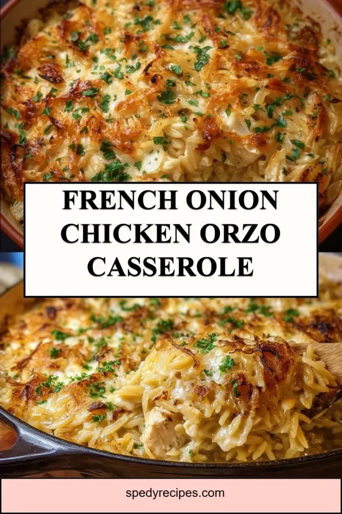 Delicious French onion chicken orzo casserole topped with melted cheese