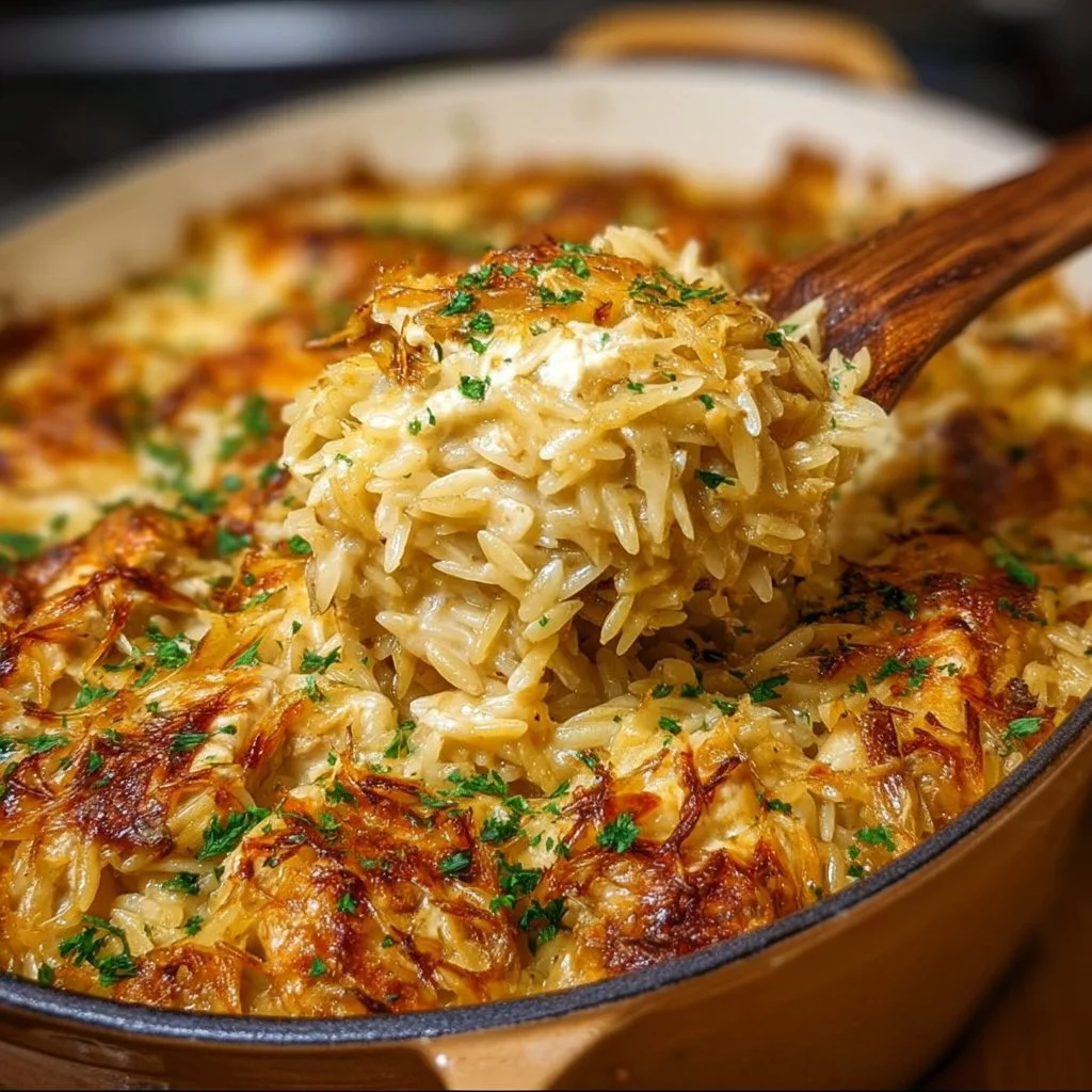 French Onion Chicken Orzo Casserole French Onion Chicken Orzo Casserole topped with melted cheese and herbs