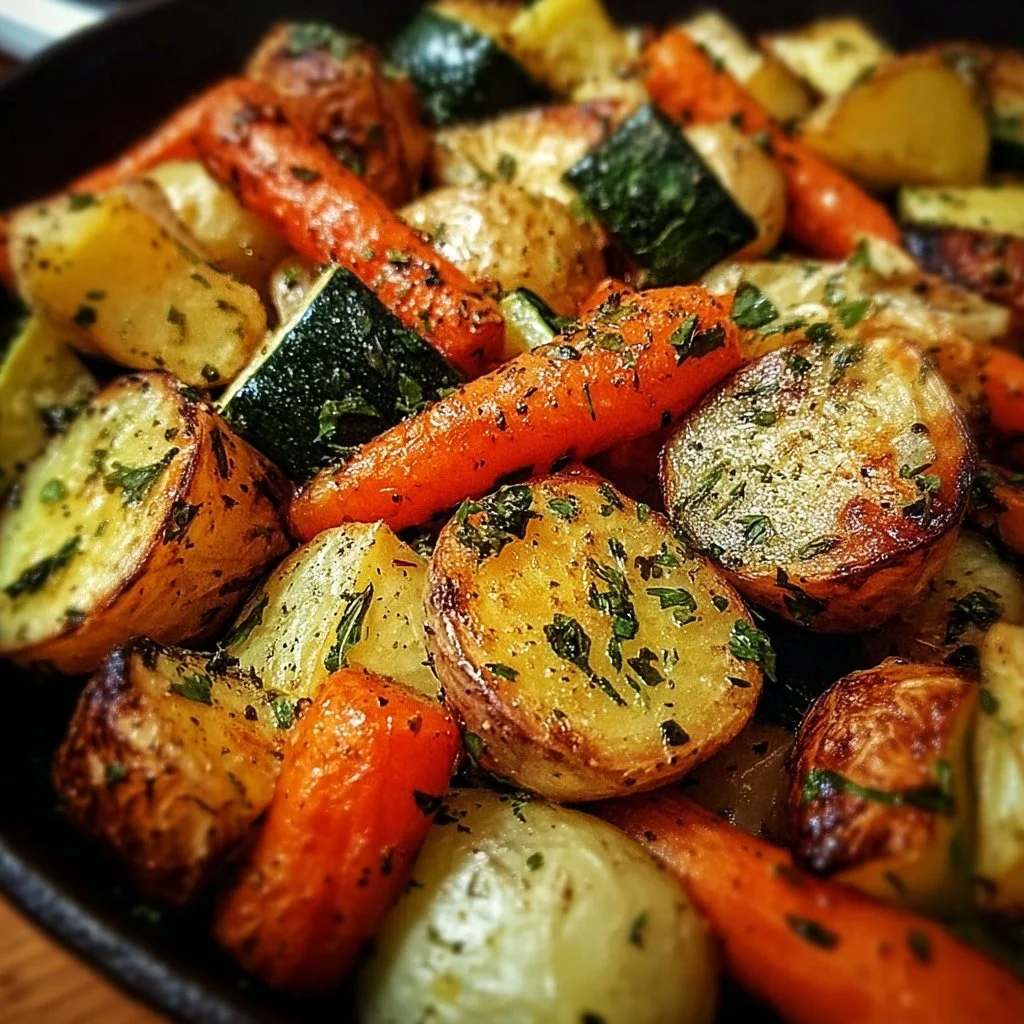Garlic Herb Roasted Potatoes with Carrots and Zucchini on a serving platter
