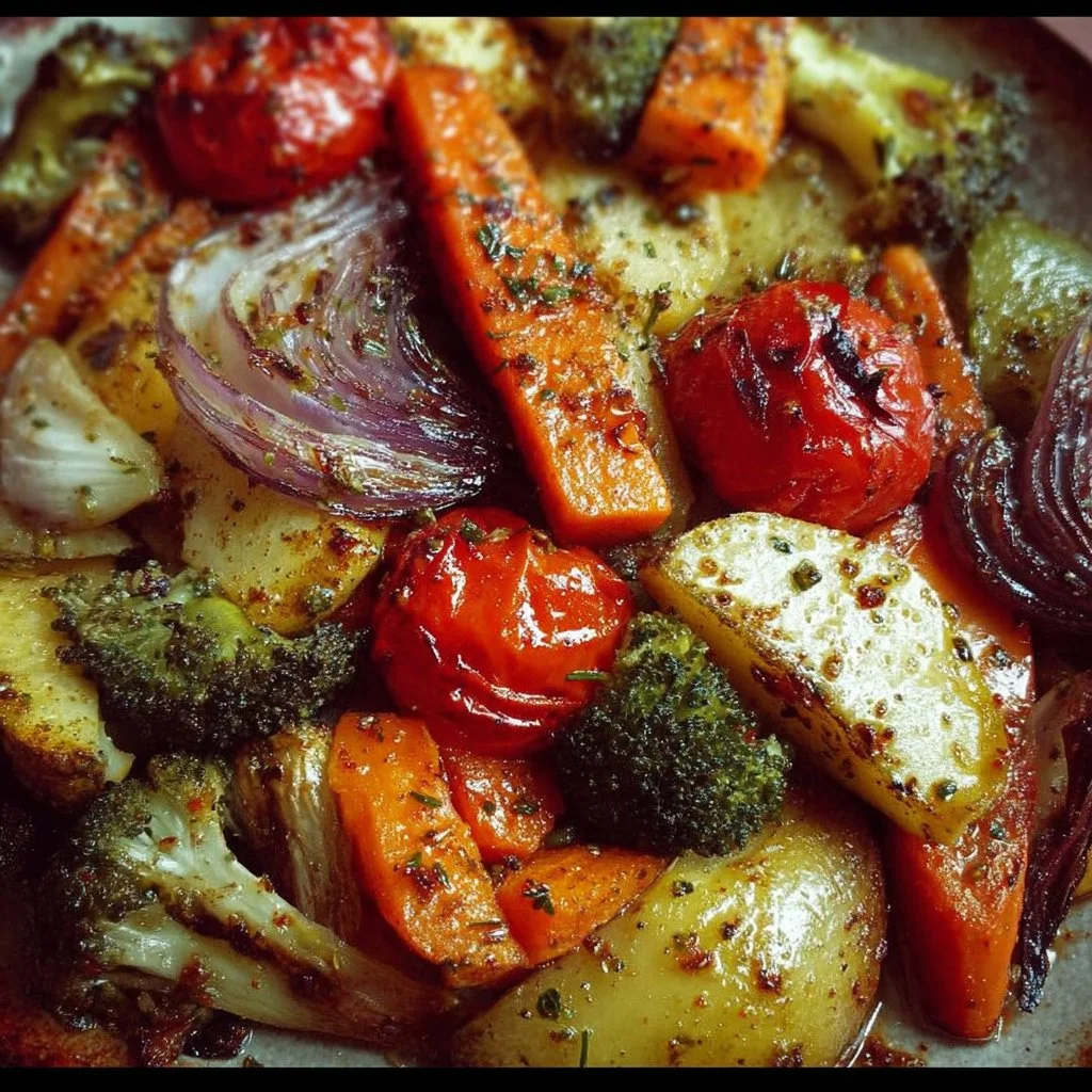 A colorful mix of garlic roasted vegetables including bell peppers, carrots, and zucchini