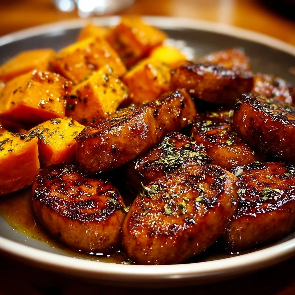 Honey Garlic Sausage served with roasted sweet potatoes