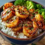 Delicious honey garlic shrimp served in a bowl with fresh vegetables and rice.