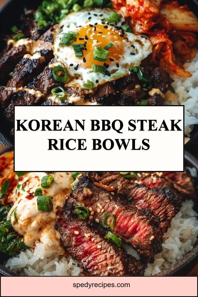 Delicious Korean BBQ steak rice bowl topped with fresh vegetables and sauces.