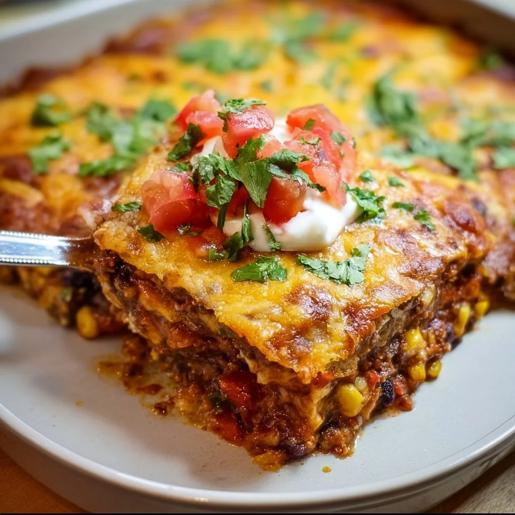 Delicious Mexican Tortilla Casserole with layers of tortillas, beans, and cheese