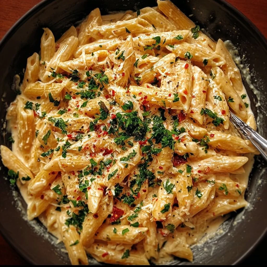 Delicious one pot creamy garlic pasta garnished with herbs