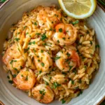 Overhead View Of Shrimp Orzo Served In