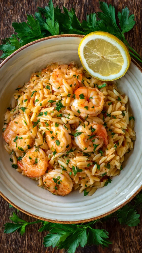 Creamy Shrimp Orzo: A Delicious and Easy Recipe Overhead View Of Shrimp Orzo Served In