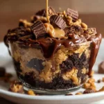 Decadent Peanut Butter Cup Dump Cake topped with chocolate and peanut butter treats.