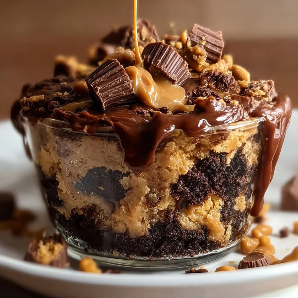 Decadent Peanut Butter Cup Dump Cake topped with chocolate and peanut butter treats.