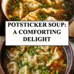 Bowl of Potsticker Soup topped with green onions and fresh herbs
