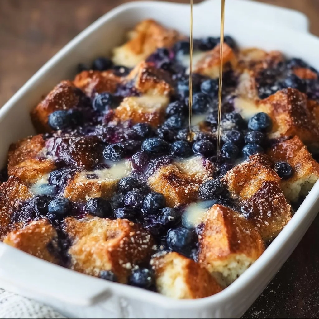 Quick Blueberry French Toast Casserole Delicious Blueberry French Toast Casserole served on a plate, topped with fresh blueberries.