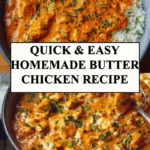 Delicious homemade butter chicken served with rice and naan bread