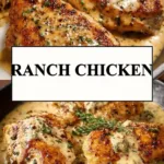 Plate of juicy ranch chicken garnished with herbs and served with sides
