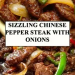 Sizzling Chinese pepper steak with onions served on a plate