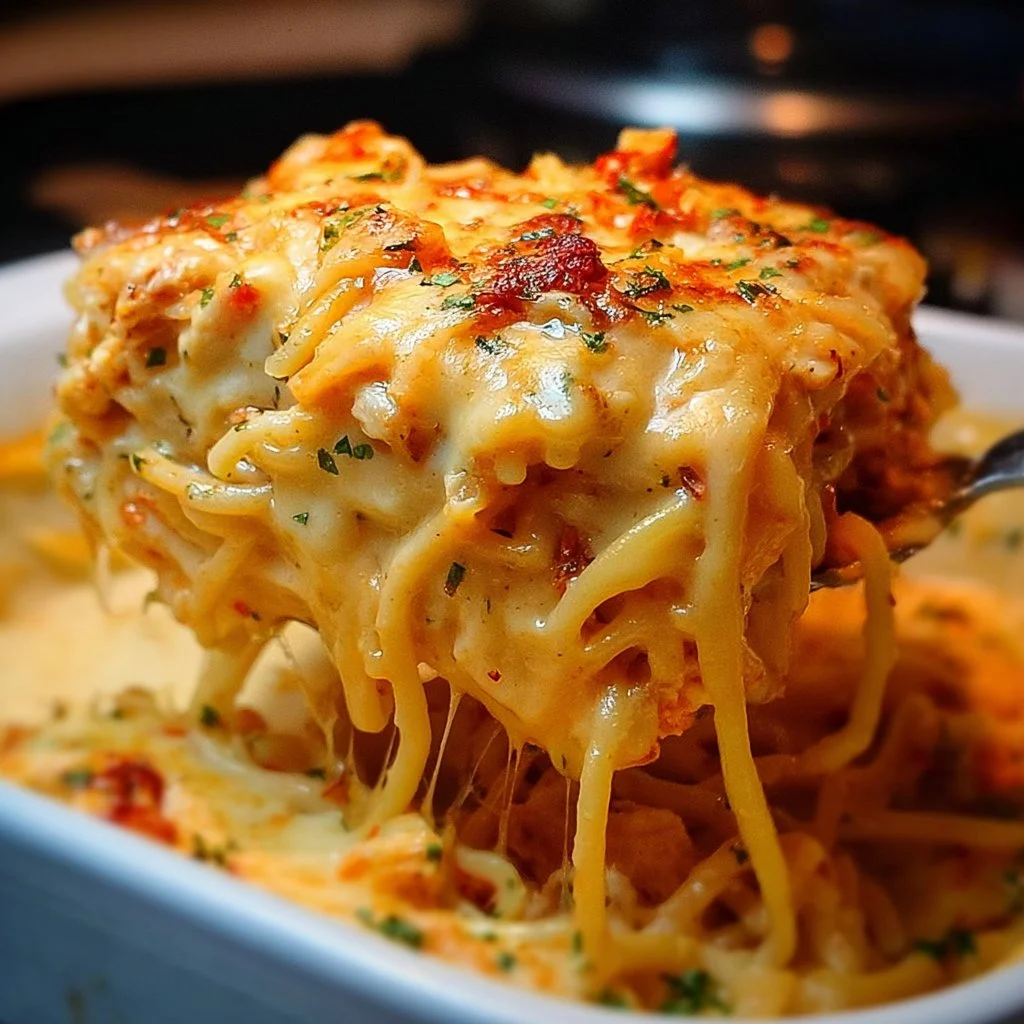 Spicy Southern Cheesy Chicken Spaghetti Casserole Baked Spicy Southern Cheesy Chicken Spaghetti Casserole topped with cheese