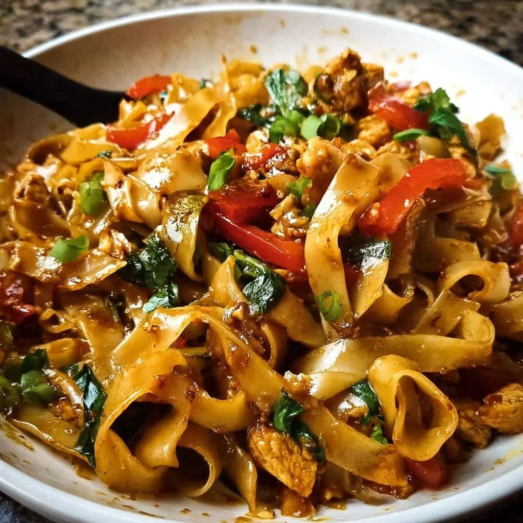 A bowl of spicy vegan Drunken Noodles garnished with fresh herbs and lime