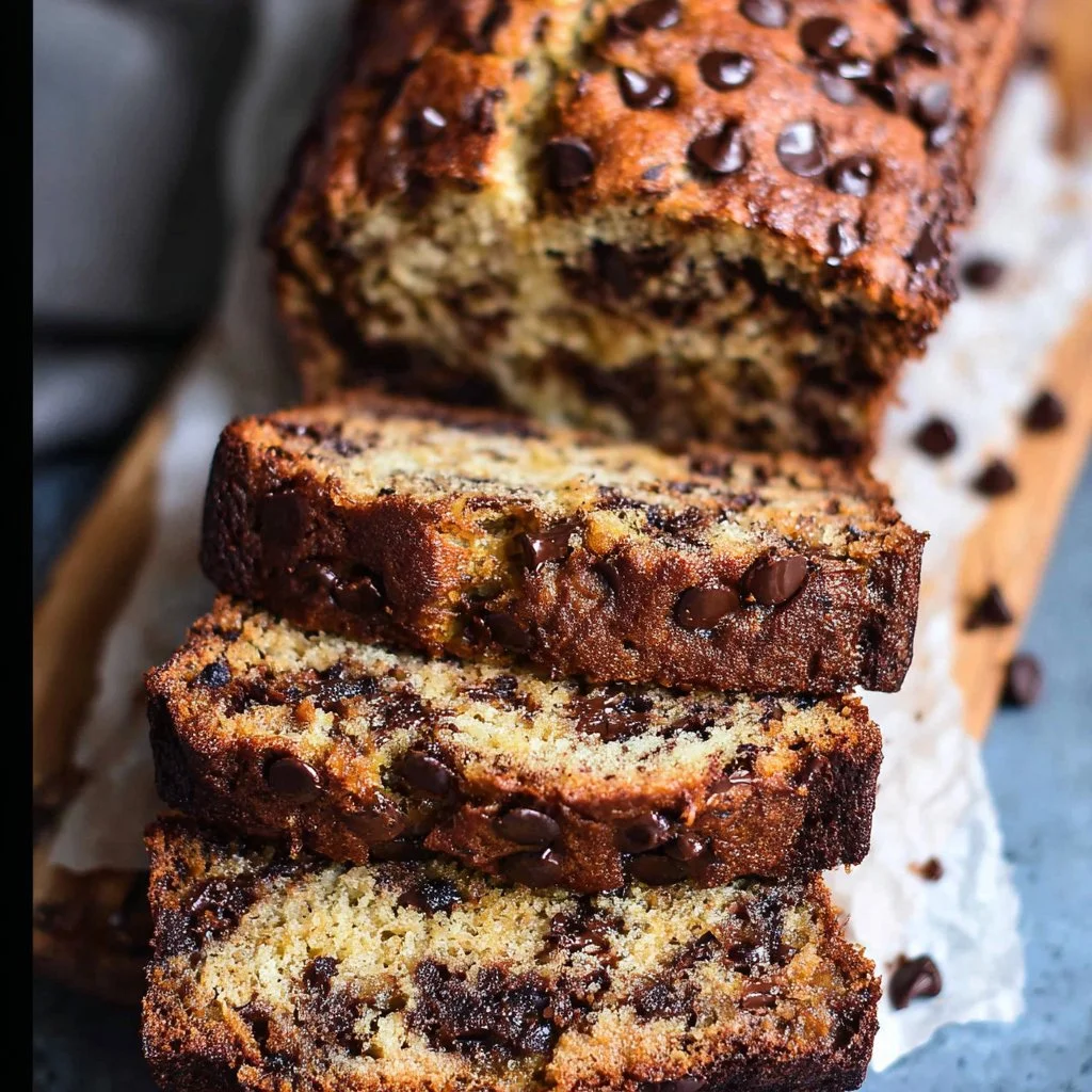 Super Moist Chocolate Chip Banana Bread Recipe Sliced chocolate chip banana bread on a wooden cutting board
