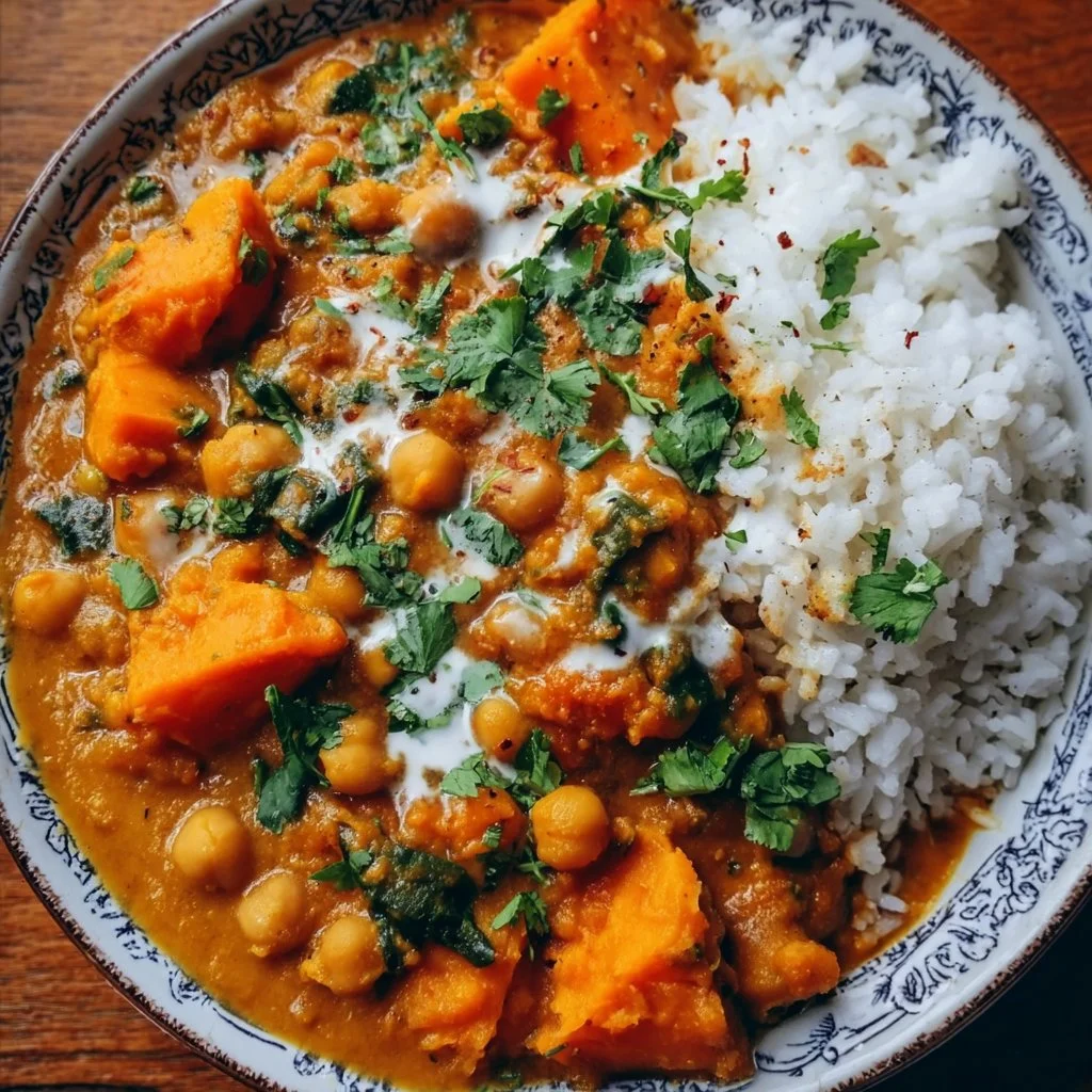 Sweet Potato and Chickpea Curry Bowl of sweet potato and chickpea curry topped with fresh herbs