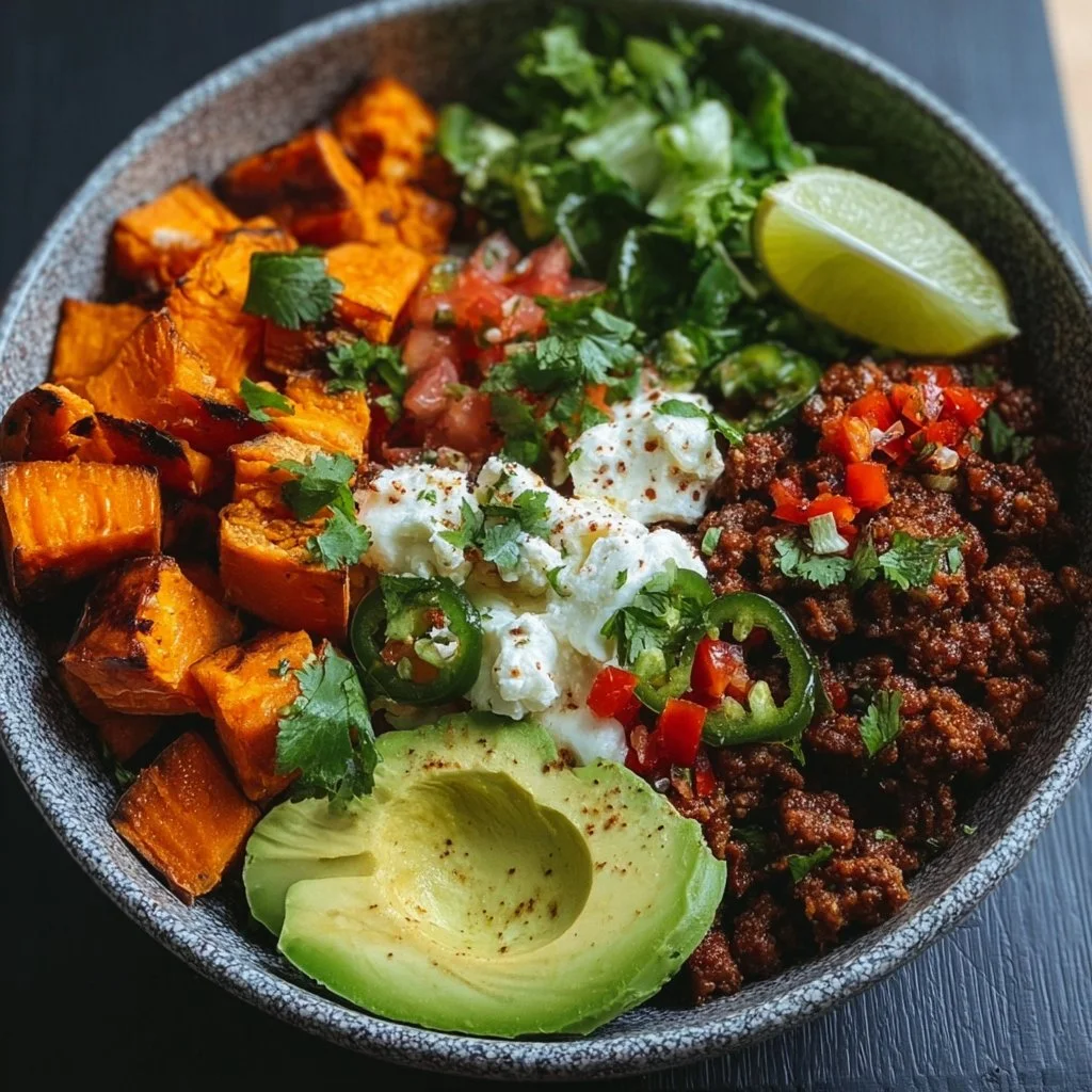 Colorful sweet potato taco bowl with toppings and fresh ingredients