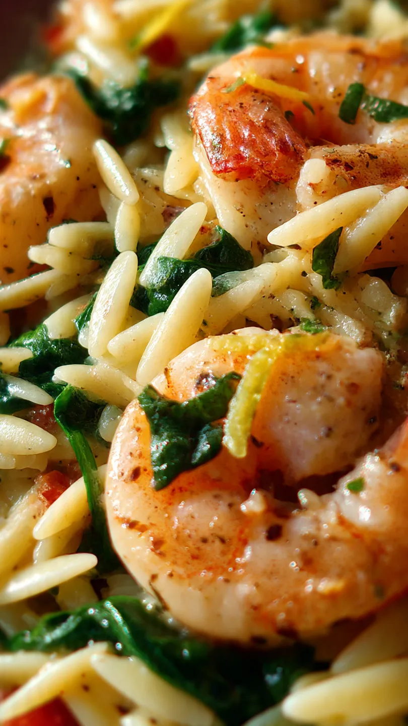 Ultra Zoom Close Up Of Shrimp And Orzo Pasta