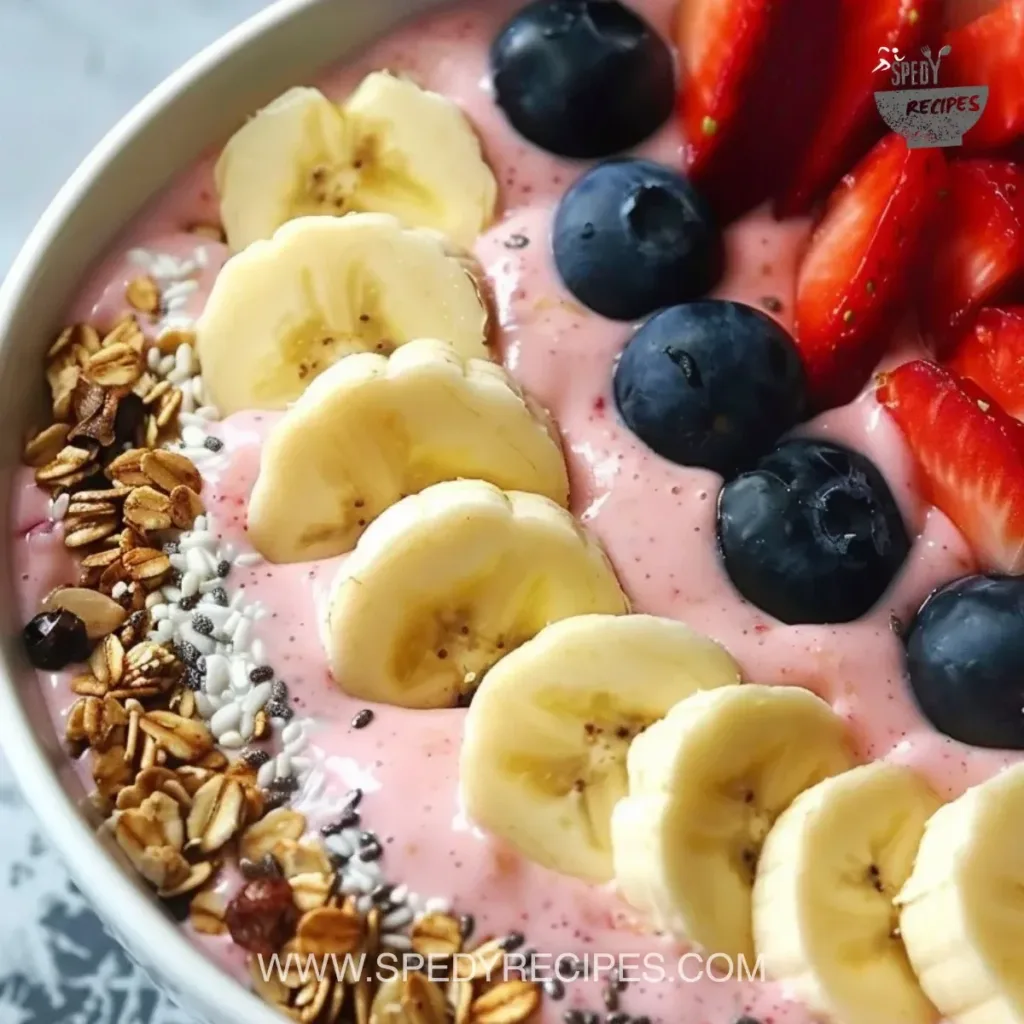 Colorful fruit smoothie bowl with Greek yogurt topped with fresh fruits and nuts