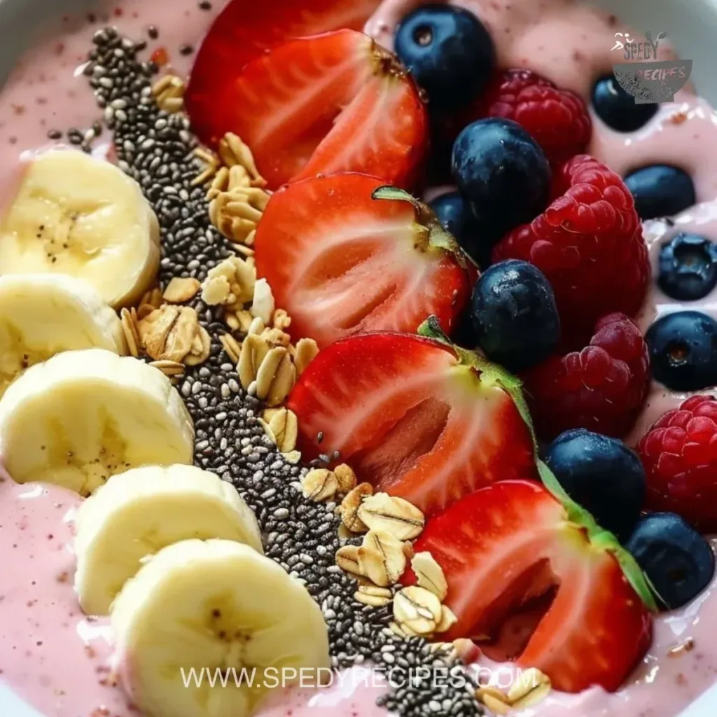 Colorful fruit smoothie bowl topped with Greek yogurt and fresh fruits