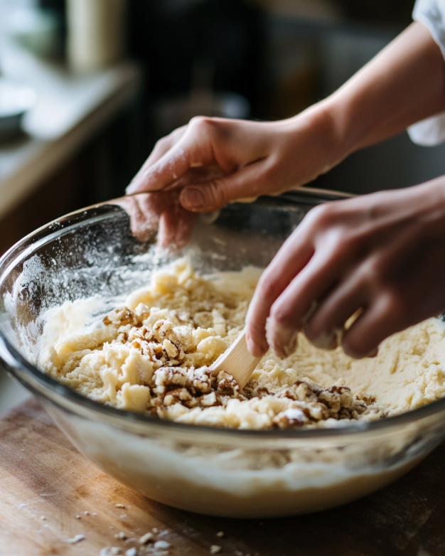Close Up Of Hands Mixing Banana Bread Batter In Large