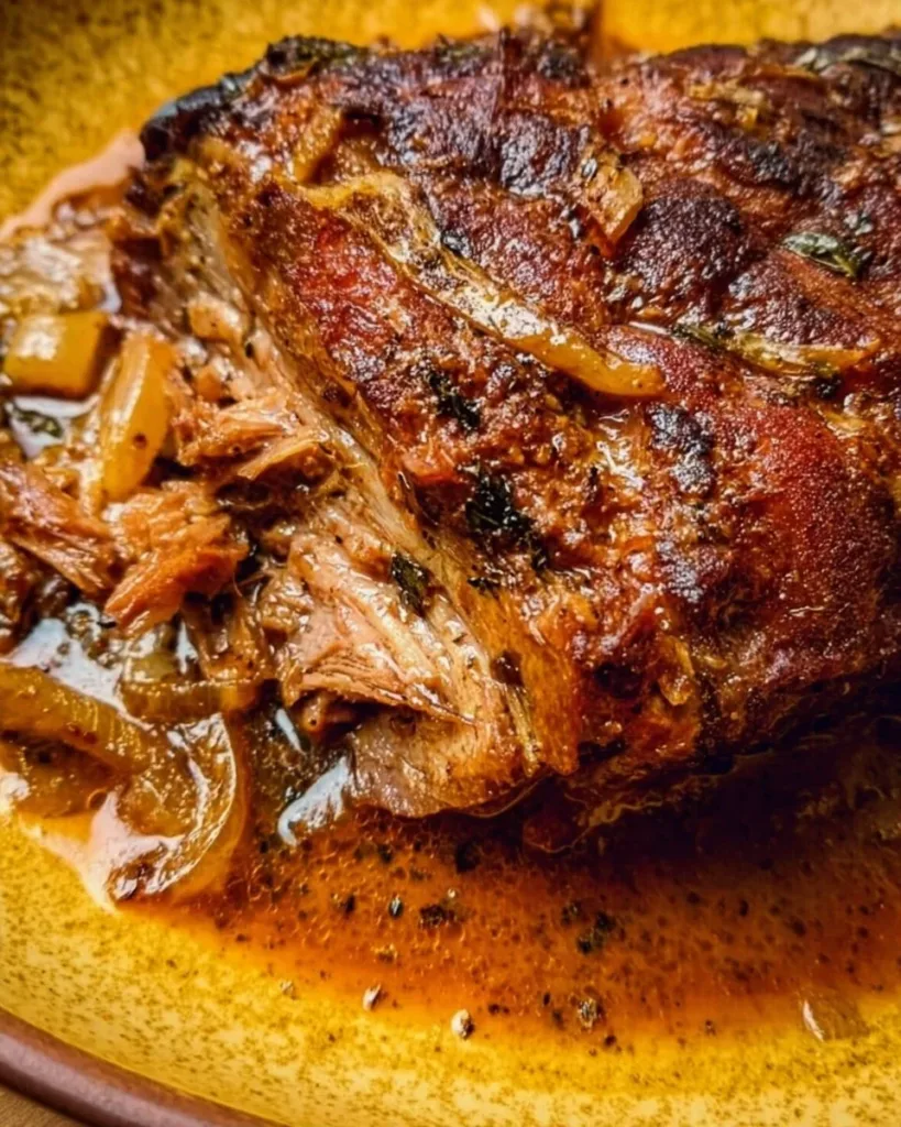 Delicious Apple Cider Braised Pork Shoulder served on a rustic table.