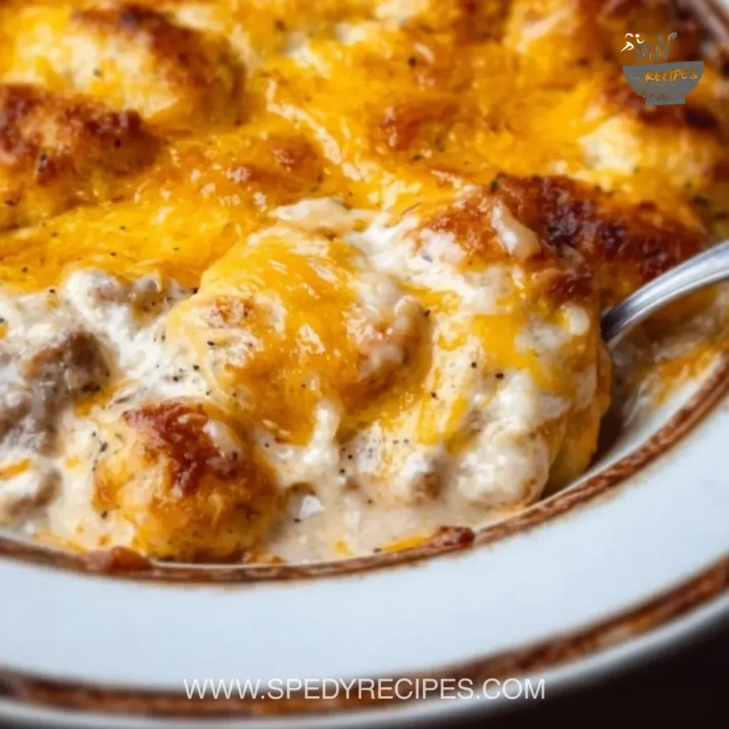 Biscuits and Gravy Casserole – Easy Cracker Barrel Copycat Delicious Biscuits and Gravy Casserole served in a baking dish