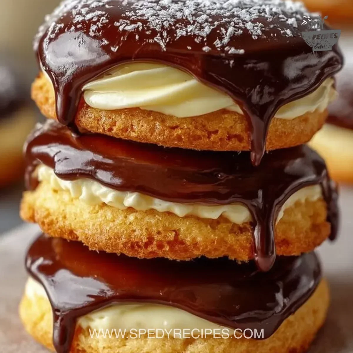 Freshly baked Boston Cream Pie Cookies on a decorative plate