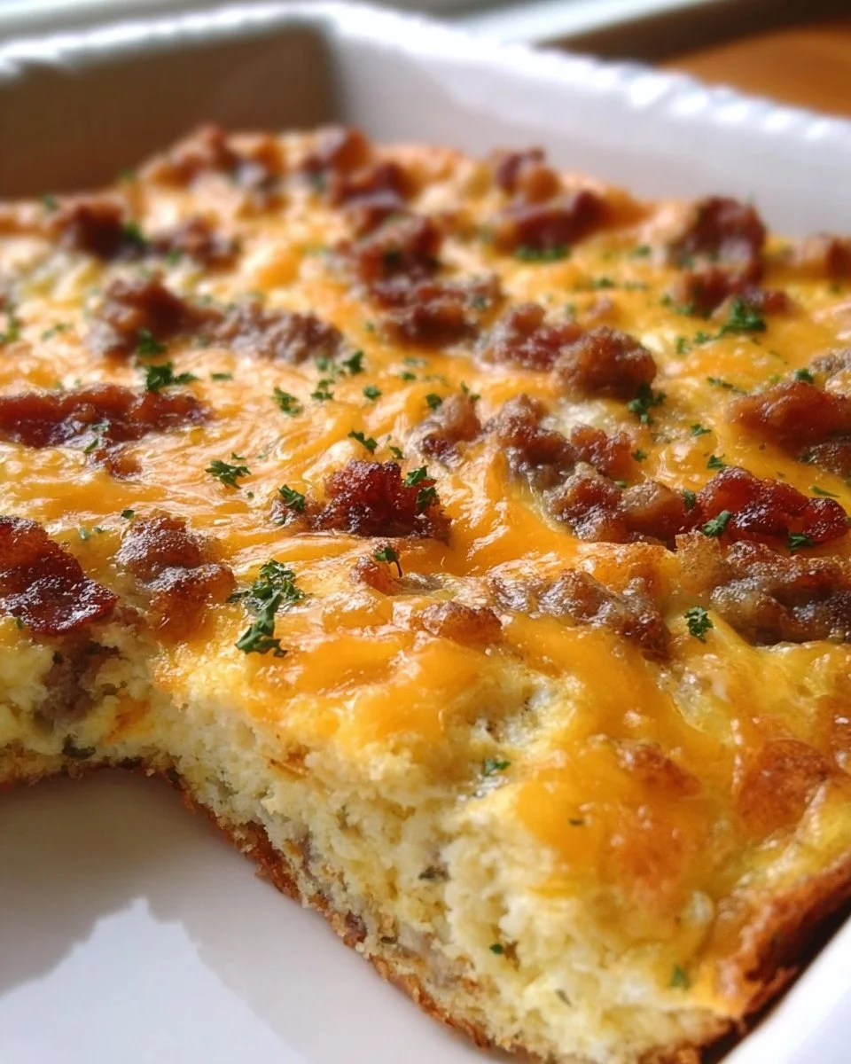 Delicious Breakfast Casserole served in a baking dish with fresh herbs