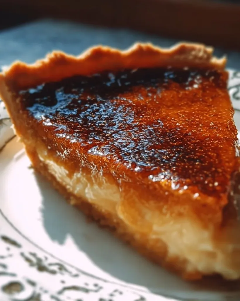 Slice of Burnt Honey Pie on a white plate with honey drizzle