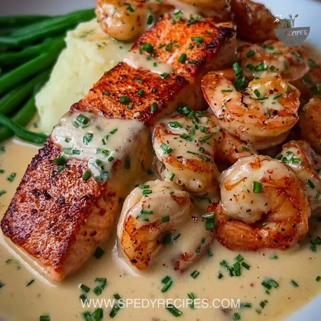Cajun Shrimp and Salmon with Garlic Cream Sauce Cajun shrimp and salmon served with creamy garlic sauce on a plate