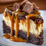 Delicious caramel brownie cheesecake topped with chocolate drizzle and caramel sauce
