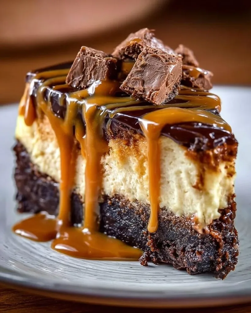 Delicious caramel brownie cheesecake topped with chocolate drizzle and caramel sauce
