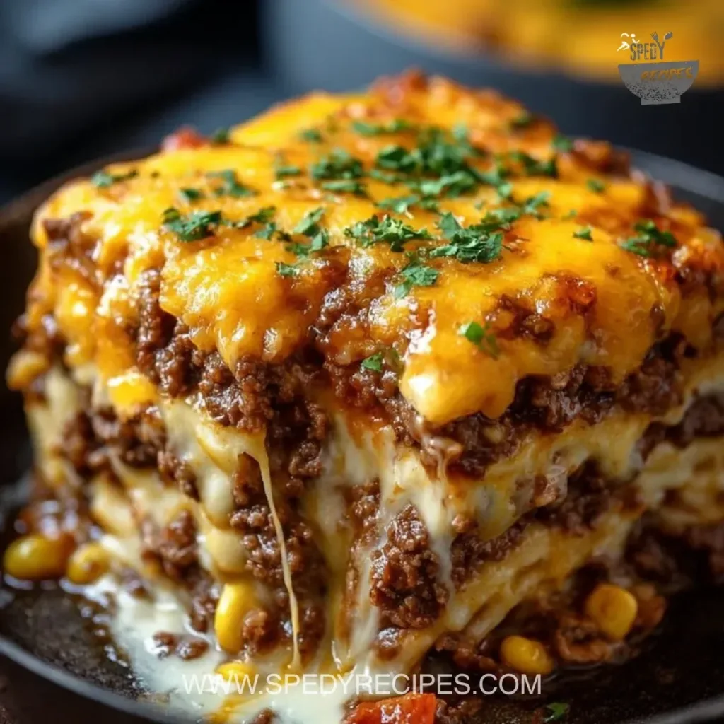 Delicious Cattle Drive Casserole with beef and beans in a baking dish